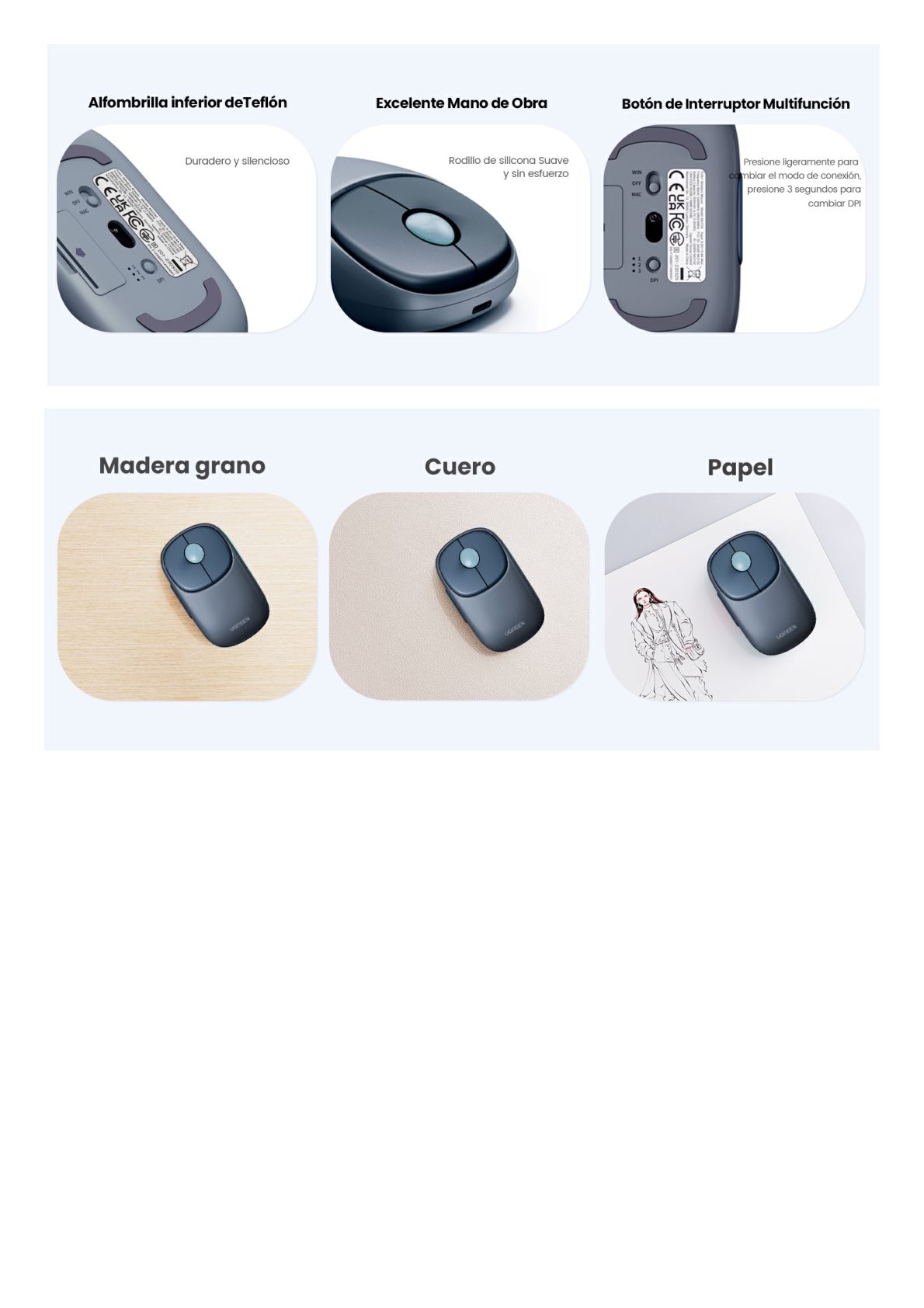 Mouse Inalámbrico  FUN＋ / Recargable / 2.4G & Bluetooth / 4 Niveles de DPI / Silencioso / Ergonómico / 5 Botones / Compatible con Windows, macOS 10.5, Android iOS Linux y Chrome OS / Color Azul