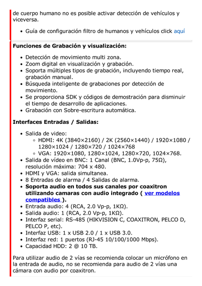 DVR 8 Canales TurboHD + 8 Canales IP / 8 Megapixel (4K) / Acusense (Evita Falsas Alarmas) / Audio por Coaxitron / 2 Bahías de Disco Duro / 8 Entradas de Alarma / 4 Salidas de Alarma / H.265+