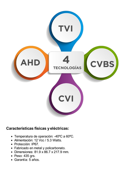 Bala TURBOHD 4K (8 Megapixeles) / Gran Angular 102º  / Lente 2.8 mm / Exterior IP67 / IR EXIR 60 mts / dWDR