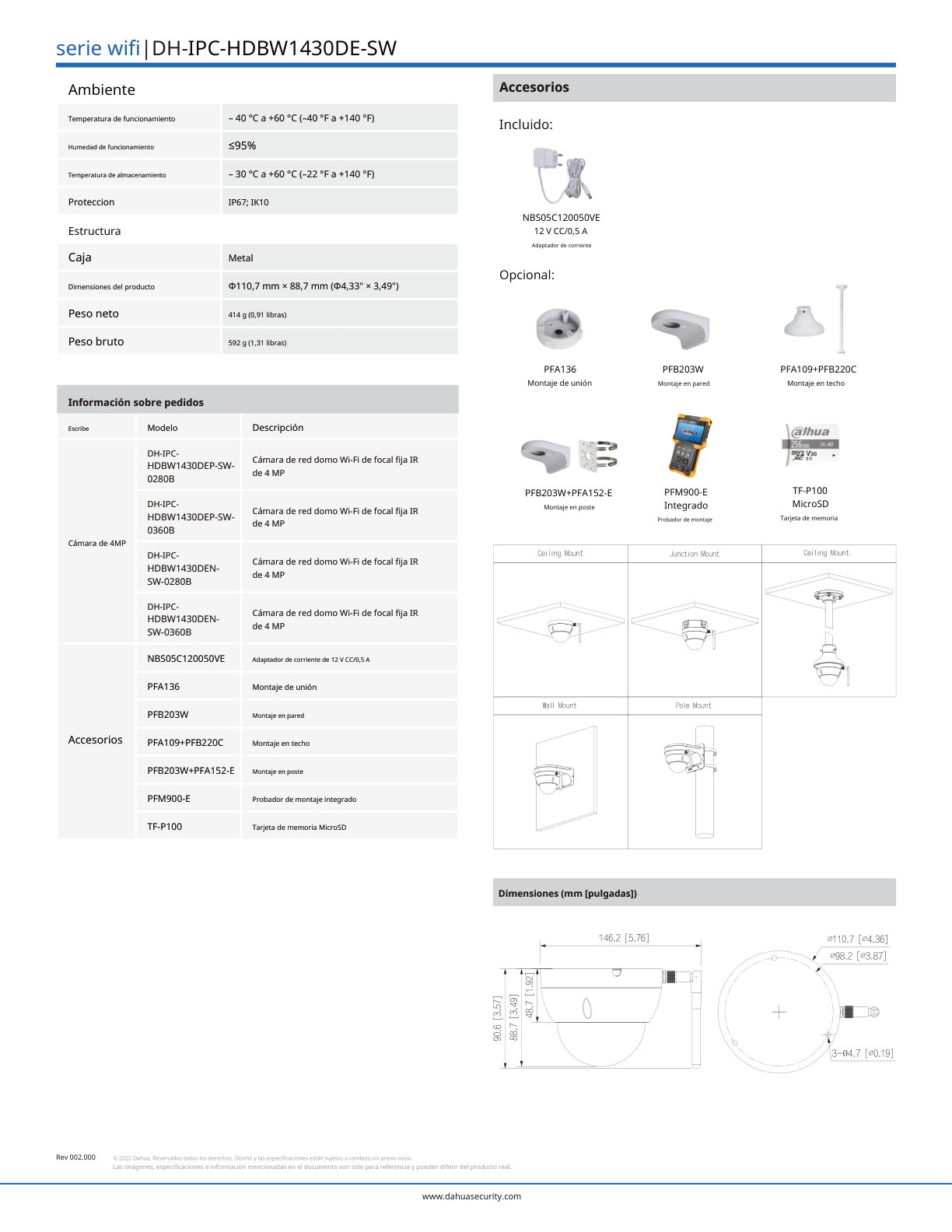 Camara Dahua DH-IPC-HDBW1430DE-SW IP domo WIFI 4 mpx lente 2.8 mm 90 gds de apertura IR 30 m ranura micro sd IP67