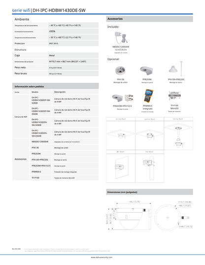 Camara Dahua DH-IPC-HDBW1430DE-SW IP domo WIFI 4 mpx lente 2.8 mm 90 gds de apertura IR 30 m ranura micro sd IP67