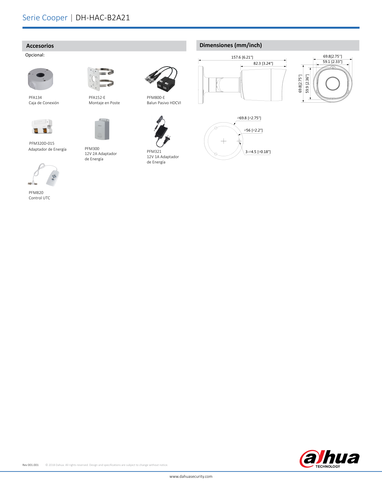 Camara Dahua DH-HAC-B2A21N bullet 2mpx lente 2.8mm IR 20 m metalica exterior e interior 100 gds apert IP67