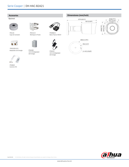 Camara Dahua DH-HAC-B2A21N bullet 2mpx lente 2.8mm IR 20 m metalica exterior e interior 100 gds apert IP67