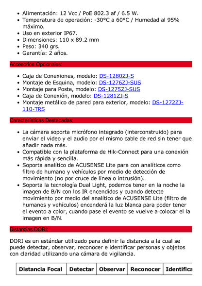 Bala IP 6 Megapixel / Lente 2.8 mm / Dual Light (30 mts IR + 20 mts Luz Blanca) / Micrófono Integrado / ACUSENSE Lite / Exterior IP67 / H.265 / PoE / ONVIF