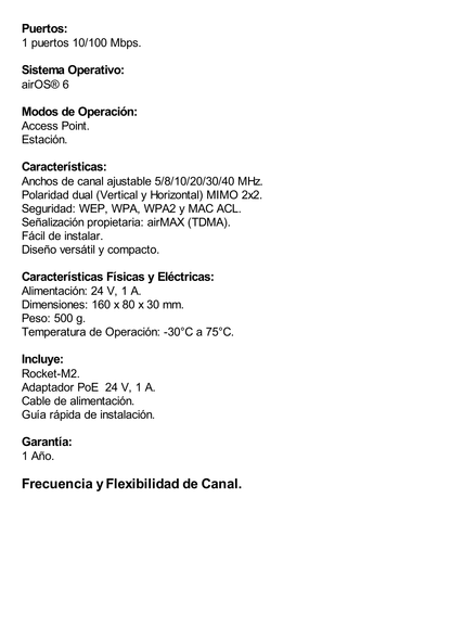 Radio Estación Base airMAX Rocket-M2, hasta 150 Mbps, 2 GHz (2402-2462 MHz)