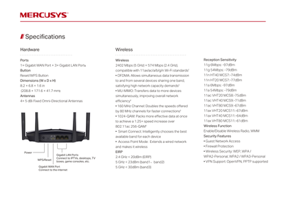 Router Wi-Fi 6 Mercusys MR80X AX3000 MU-MIMO OFDMA 1x RJ45 WAN y 3x RJ45 LAN gigabit 4 antenas 5dBi modo AP SmartConnect