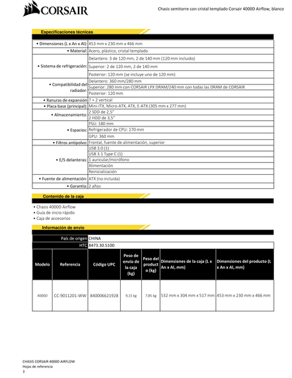 Gabinete Corsair 4000D AIRFLOW Blanco cristal templado ATX semitorre 2*ventiladores 120mm
