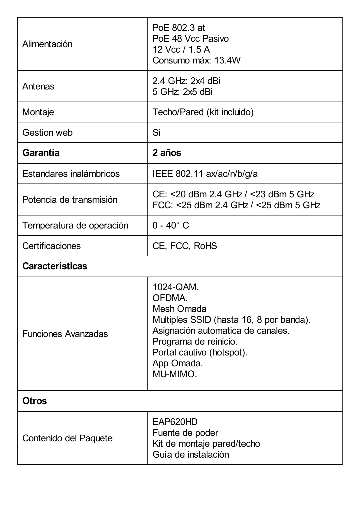 Punto de Acceso Omada / Wi-Fi 6 AX1800 MU-MIMO 2X2 / Omada Mesh / Alta Densidad de Usuarios / Configuración por Controlador o Stand-Alone / Para Montaje en Techo-pared / Alimentación PoE+