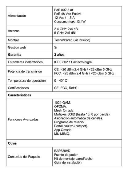 Punto de Acceso Omada / Wi-Fi 6 AX1800 MU-MIMO 2X2 / Omada Mesh / Alta Densidad de Usuarios / Configuración por Controlador o Stand-Alone / Para Montaje en Techo-pared / Alimentación PoE+