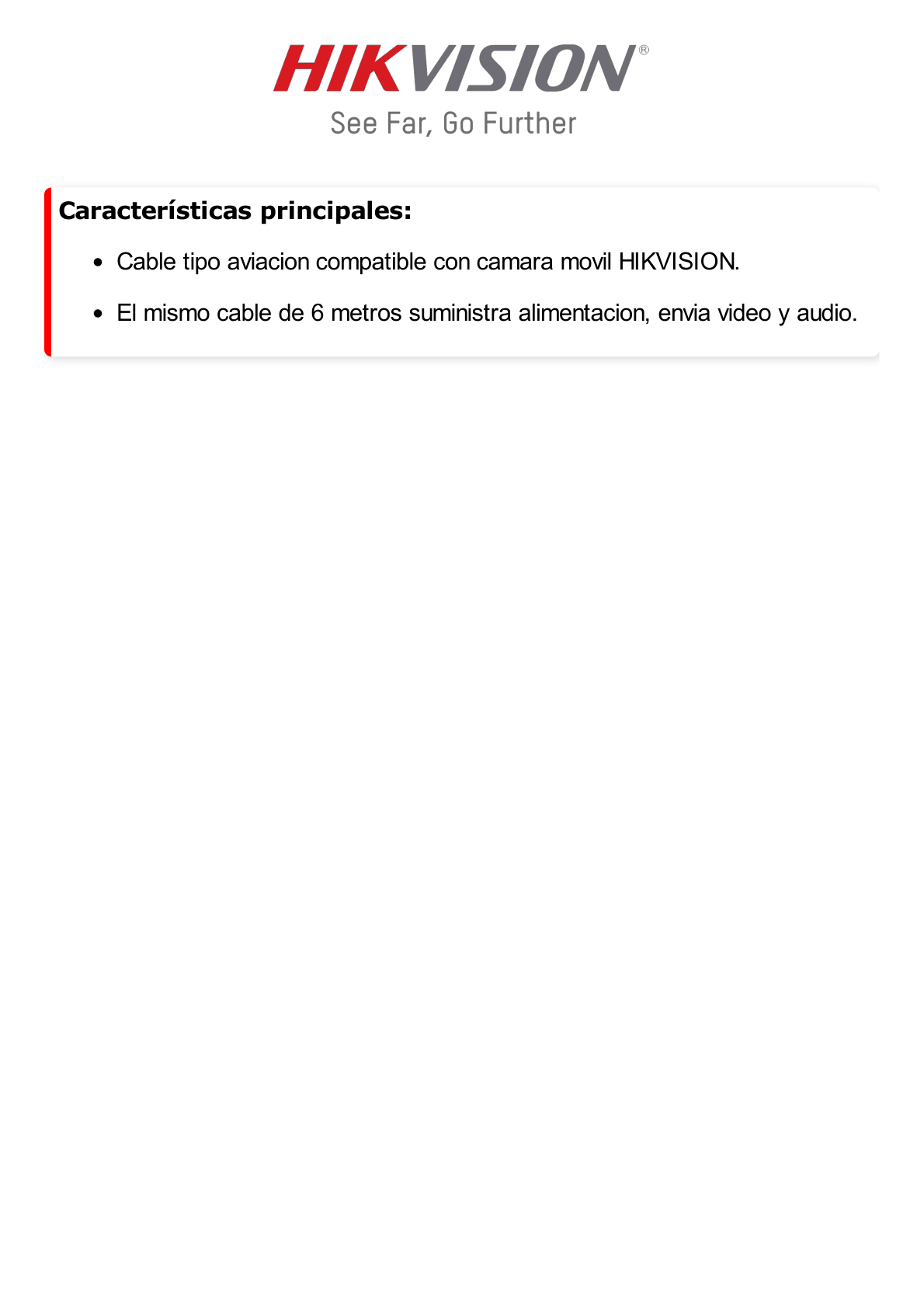 Cable Extensor de Vídeo y Audio de 6 Metros / Conector Tipo Aviación / Compatible con Cámara TURBO Móvil HIKVISION