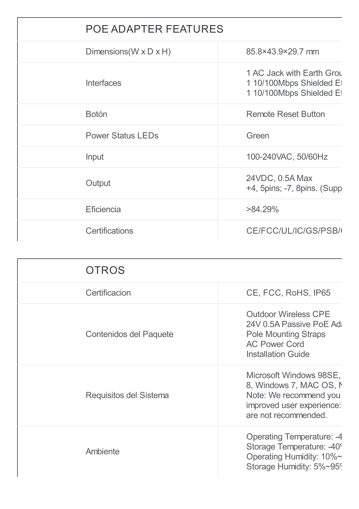 CPE de Exterior de 5 GHz a 300Mbps, Antena direccional de 23dBi, potencia de 27 dBm, PoE pasivo