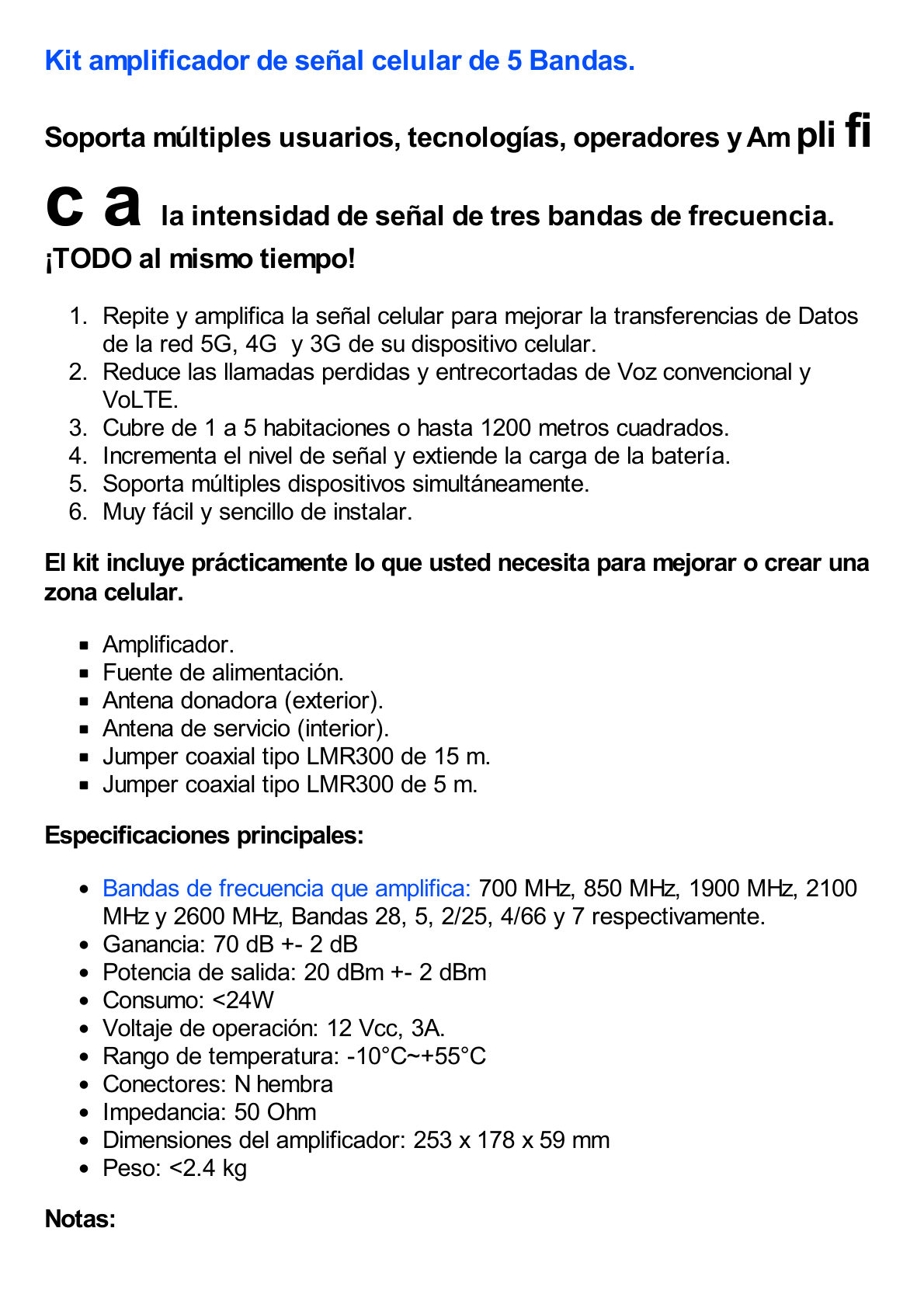 Kit Amplificador de Señal Celular 5G, 4G, 3G, VoLTE y Voz convencional. Funciona con Todos los Operadores. Soporta Múltiples Dispositivos y Tecnologías. Hasta 1200 metros cuadrados de Cobertura