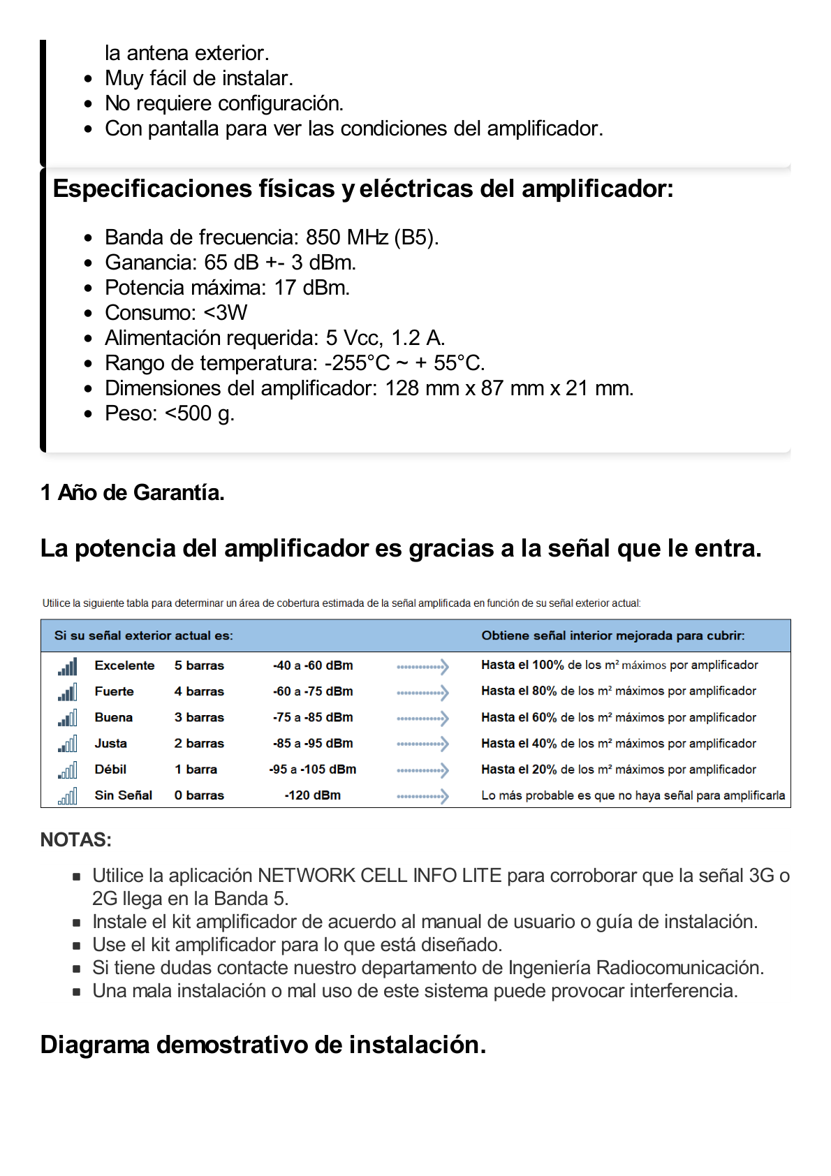 Kit Amplificador de Señal Celular de UNA banda de frecuencia / Mejora las llamadas convencionales / Soporta los datos de las tecnologías 2G y 3G de TELCEL, AT&T y MOVISTAR / Puede cubrir un espacio de hasta 300 m2.