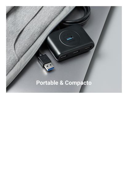 HUB USB-A 3.0 4 en 1 | 4 Puertos USB-A 3.0 (5Gbps) | Entrada USB-C (PD 5V2A) | Cable de 1 Metro | Indicador Led | Ideal para Transferencia de Datos | Entrada USB-C para alimentar equipos de mayor consumo | Color Negro.