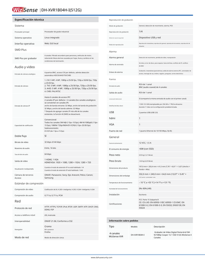 DVR Dahua DH-XVR1B04H-I-SSD 4 canales 5 mpx lite con disco ssd de 512gb wizsense h.265 4 canales con smd plus busqueda inteligente