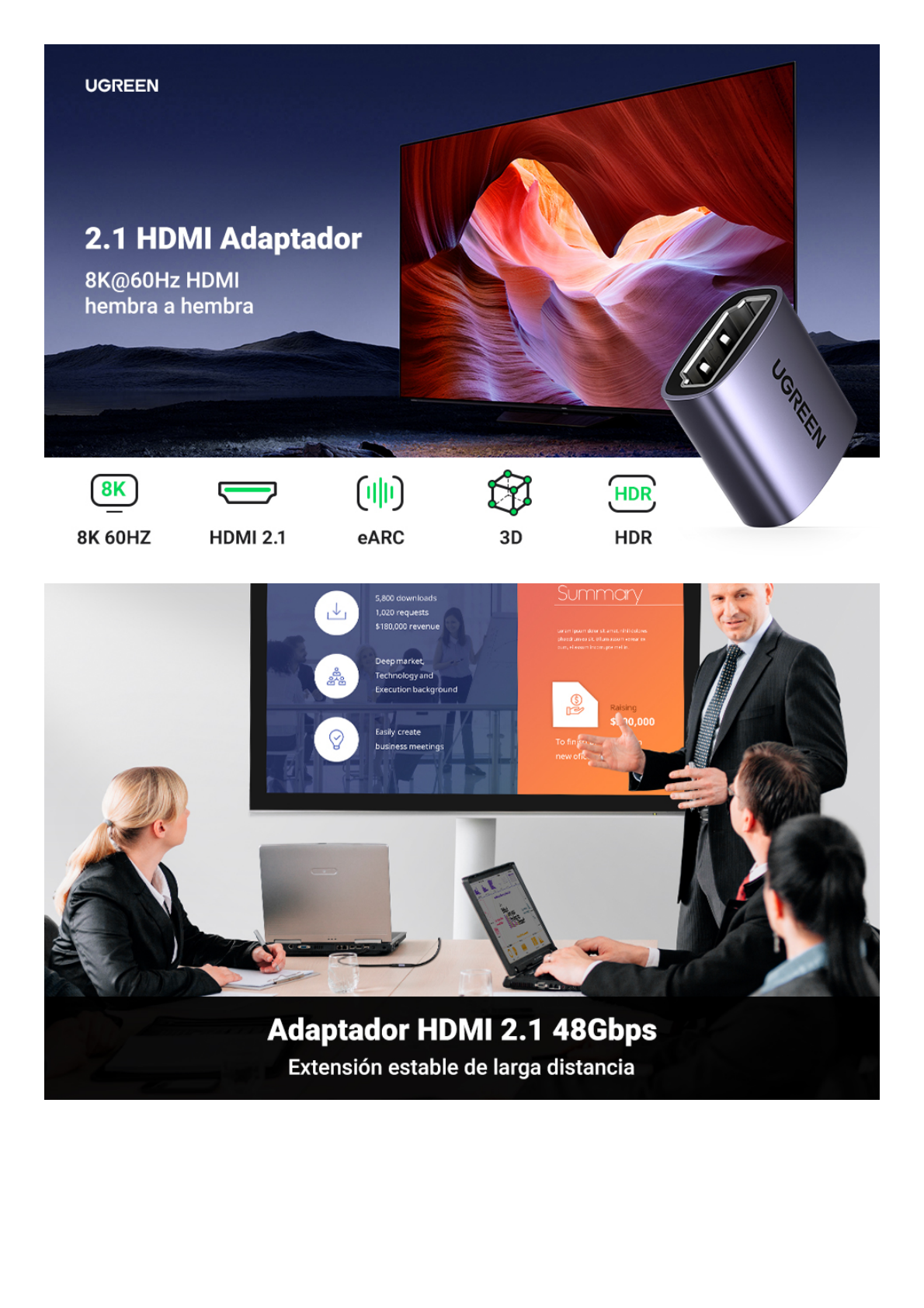 Adaptador HDMI 2.1 8K@60Hz / 8K@60Hz / Compatible con eARC, HEC, HDCP, 3D, HDR / Dolby Atmos / Dolby Visión / 7.1 5.1 Canales de Audio / DTS / Hembra a Hembra / Máxima Durabilidad / Carcasa de Aluminio