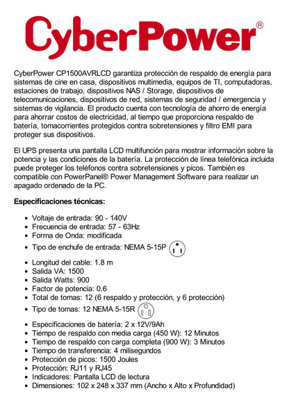 UPS de 1500 VA/900 W, Topología Línea Interactiva, Entrada 120 Vca NEMA 5-15P, Tipo Mini Torre, Con 12 Tomas NEMA 5-15R