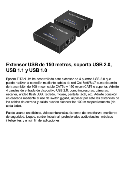 Kit EXTENSOR USB 2.0 de 4 Puertos para Distancias de Hasta  150 m / Soporta USB 2.0, USB 1.1 y USB 1.0 / UTP Cat 5e/6/6a/7 / Soporta Switch Gigabit / Ideal para Cámaras WEB, Impresoras, Escáner, Memorias, Mouse, etc.