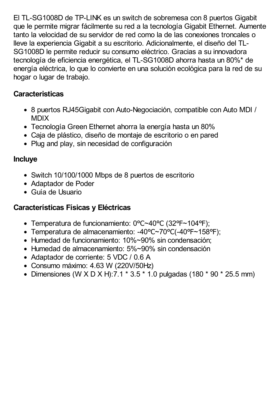 Switch de escritorio 8 puertos 10/100/1000 Mbps