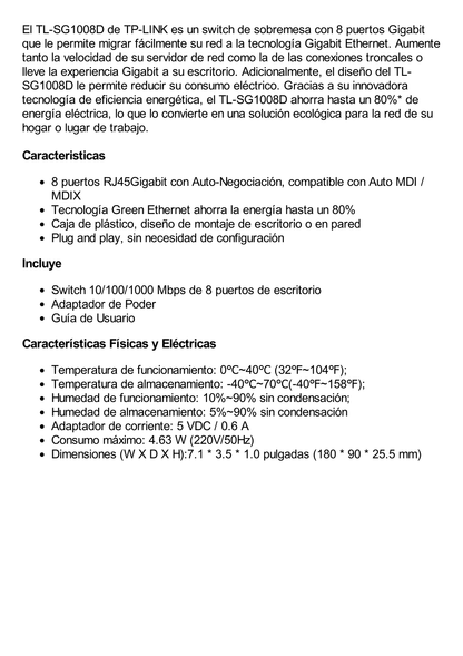 Switch de escritorio 8 puertos 10/100/1000 Mbps