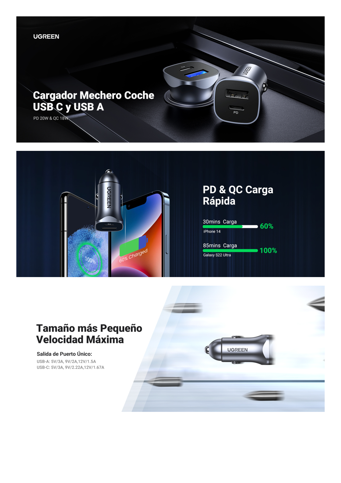 Cargador de Auto 24W | Puerto USB-A y USB-C | Carga Rápida | Compatible con Vehículos de 12 y 24 VCD | PD3.0 + QC3.0 | Indicador Led | Diseño Compacto | Chip Inteligente | Caja de Aluminio.