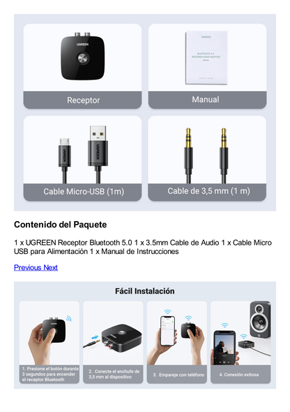 Receptor de Audio Bluetooth 5.0 a RCA o Auxiliar 3.5mm / Tecnología EDR / Reconexión Automática / Hasta 10 m / Ideal para Conectar Celulares, o Tabletas hacia alguna Bocina o Sistema de Audio