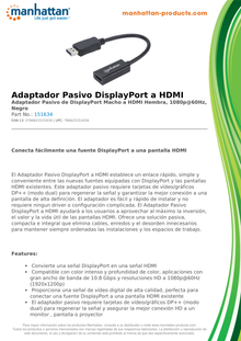 Adaptador Manhattan negro DisplayPort M a HDMI H Cable 15cm