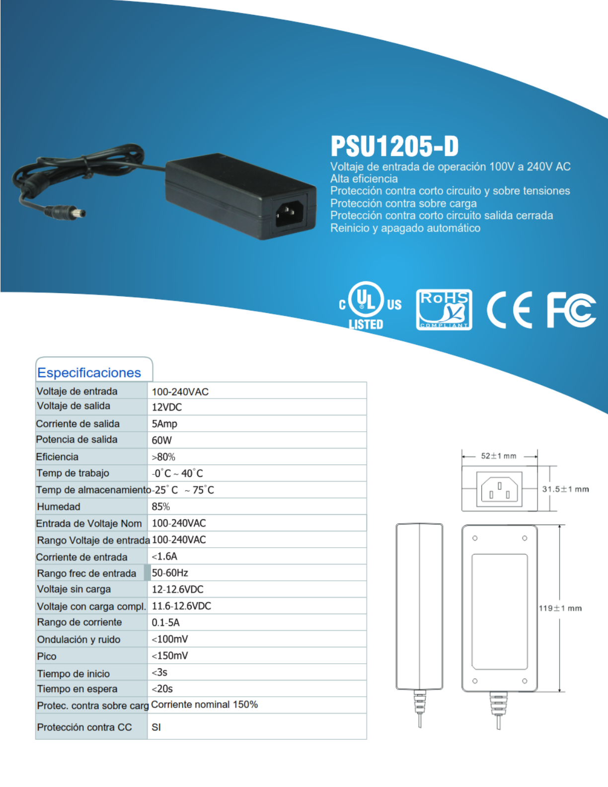 Fuente de poder Saxxon PSU1205-D Regulada de 12Vcc a 5 Amperes Ideal para equipos de Alto Consumo de Corriente Para Usos Multiples