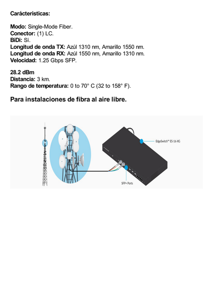 UFiber Módulo SFP, transceptor MiniGibic MonoModo 1.25 Gbps, distancia 3km, un conector LC, incluye 2 tranceptores