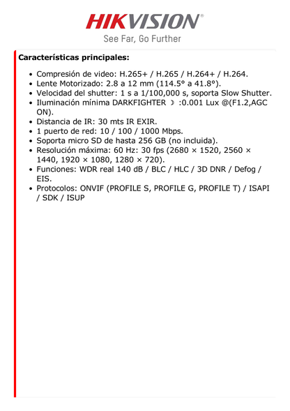 Domo IP 4 Megapixel / Lente Mot. 2.8 - 12 mm / 30 mts IR EXIR / IK10 / IP67 / Reconocimiento Facial / WDR 140 dB / DeepinView / Búsqueda por Atributos / Heat Map / ACUSENSE / Micro SD