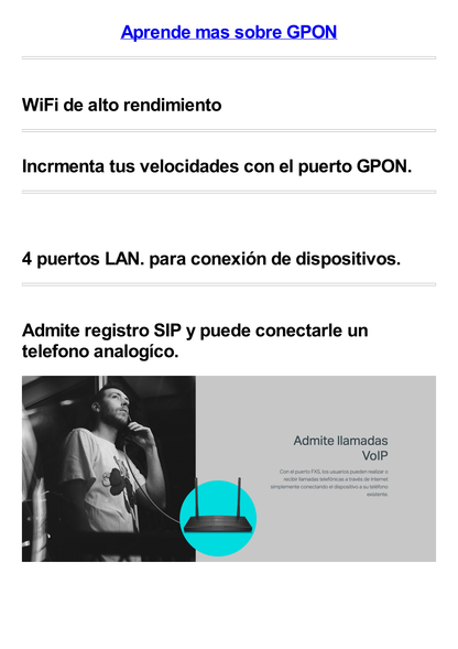 ONU/ONT - GPON Router inalámbrico AX 1800 / 1 Puerto PON SC/APC / 1 Puerto FXS (rj11) / 4 Puertos LAN 10/100/1000 MBPS / Compatible con EasyMesh /  Soporta AgiNet Config - AgiNet ACS