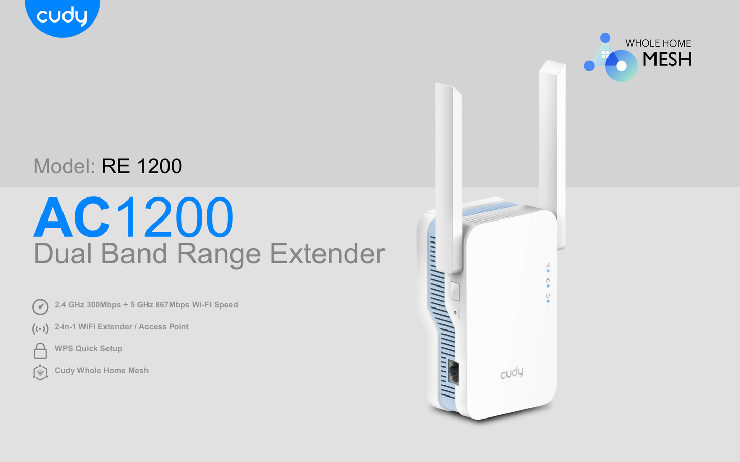 Extensor de rango inalámbrico Cudy RE1200 Wi-Fi AC1200 2 antenas y 1 puerto RJ45 10/100 Beamforming