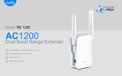 Extensor de rango inalámbrico Cudy RE1200 Wi-Fi AC1200 2 antenas y 1 puerto RJ45 10/100 Beamforming