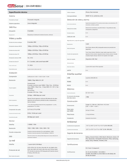 Kit Dahua DH-KIT/XVR1B08-I/4-B1A21N-0360B 8 canales 2 mpx dvr cooper-i wizsense y 4 camaras busqueda de humanos y vehiculos
