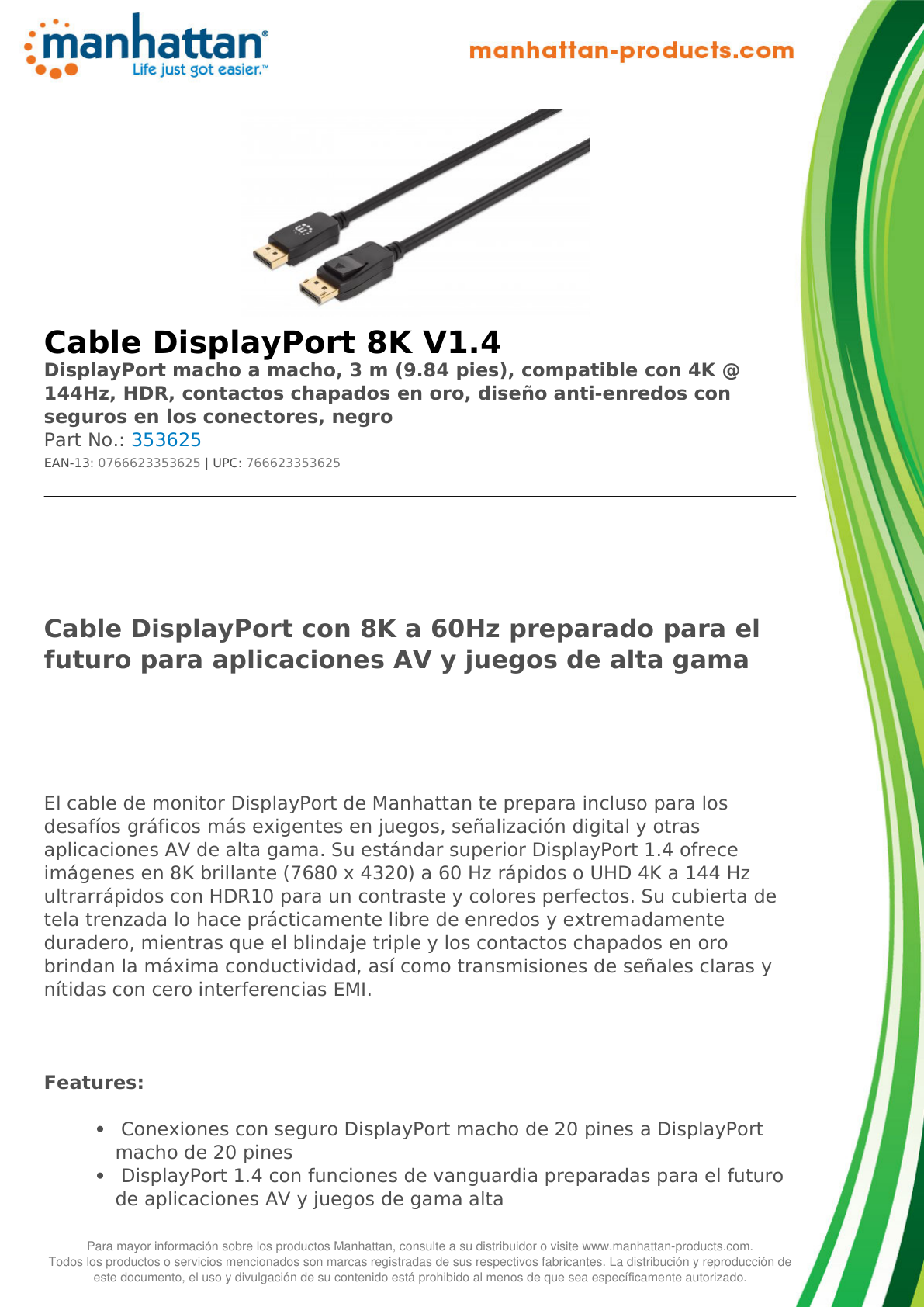 Cable Manhattan DisplayPort V1.4 M-M 3M Negro 8K 60Hz