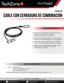 CANDADO PARA LAPTOP TECHZONE DE COMBINACION 3 EN 1 INTERCAMBIABLE 1.8M