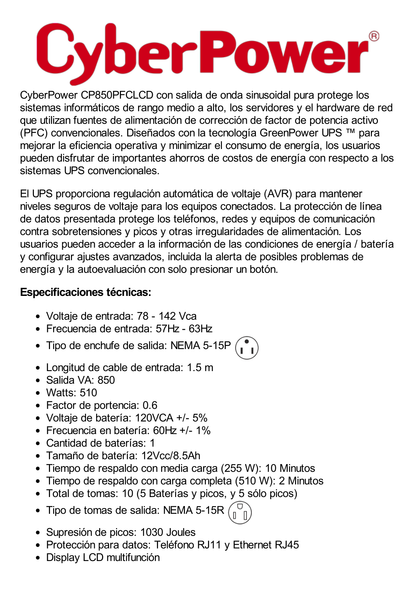 UPS de 850 VA/510 W, Topología Línea Interactiva, Entrada 120 Vca NEMA 5-15P, Onda Senoidal Pura, Tipo Torre, Con 10 Tomas NEMA 5-15R