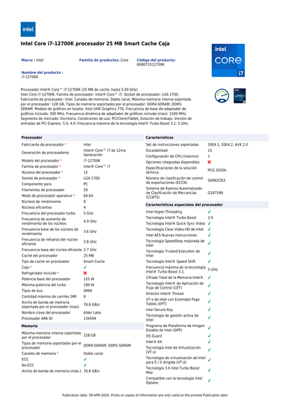 Procesador Intel Core I7-12700K LGA 1700 12a Gen 12Cores 3.60Ghz sin disipador