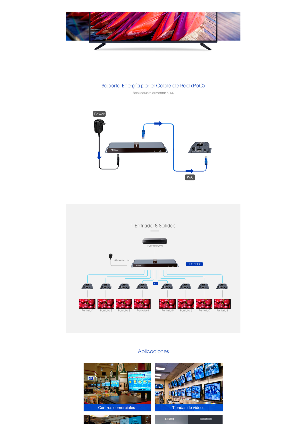 Kit Divisor y Extensor HDMI (Extender Splitter)  / Divide 1 Fuente HDMI a 8 Pantallas / Extiende la señal HDMI hasta 40 m / Resolución 1080P @ 60 Hz / Cat 6/6a/7 / Uso 24/7 / Salida Loop en el Tx / IR / Alimente solo el Tx (PoC).