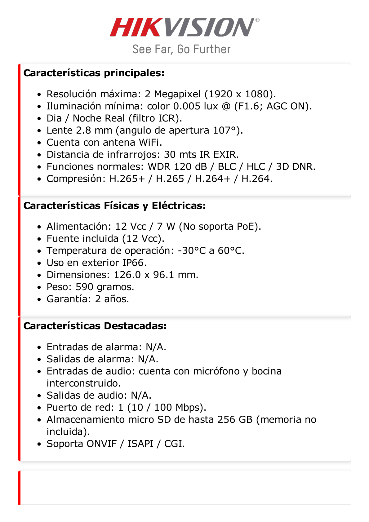 Domo IP 2 Megapixel / Lente 2.8 mm / 30 mts IR / Exterior IP66 / Wi-Fi / WDR 120 dB / H.265+ / Micrófono y Bocina Interconstruido / MicroSD