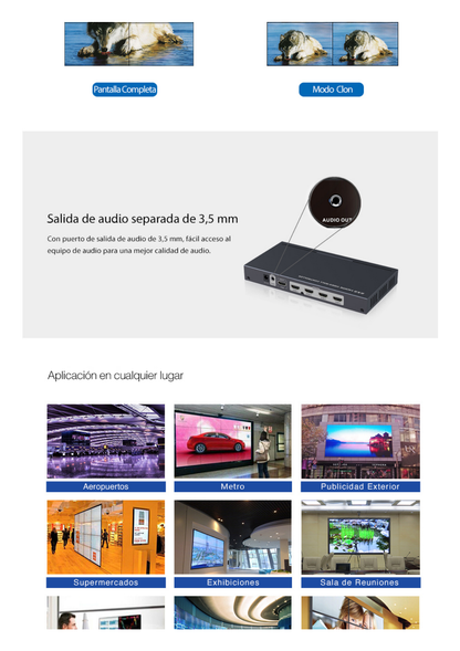 Controlador de VIDEOWALL  de 2 x 2 / Distribuye en 4 pantallas el video de 1 Entrada HDMI  / Resolución 1080p a 60 Hz. / Salida de audio de 3.5mm / Modo pantalla Completa o Modo Clon / Muy Fácil de crear una pared de Video Wall