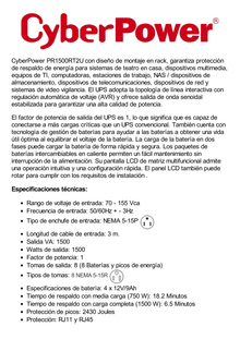 UPS de 1500 VA/1500 W, Topología Línea Interactiva, Entrada 120 Vca NEMA 5-15P, Onda Senoidal Pura, Torre o Rack 2 UR, Con 8 Tomas NEMA 5-15R