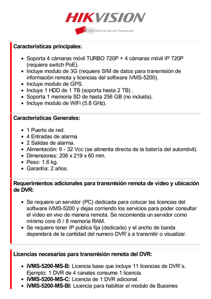 DVR Móvil 4 Canales 720P / Soporta 3G, GPS y WiFi / 1 TB de Disco Incluido / Monitoreo Remoto / Soporta Memoria SD