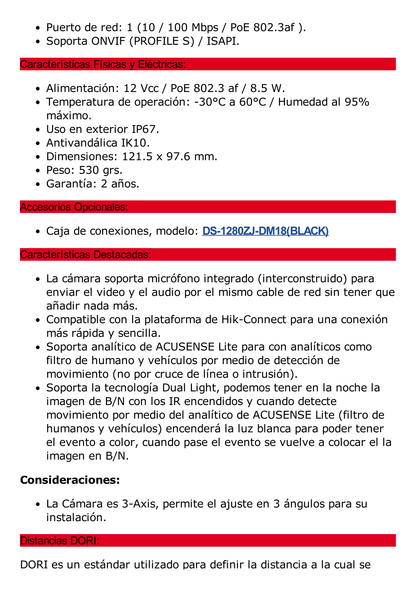 Domo IP 4 Megapixel / Color Negro / Lente 2.8 mm / Dual Light (30 mts Luz Blanca + 30 mts IR) / 2 Micrófonos Integrados / ACUSENSE / Exterior IP67 / IK10 / WDR 120 dB / PoE / ONVIF / Micro SD / Metal / ACUSEARCH