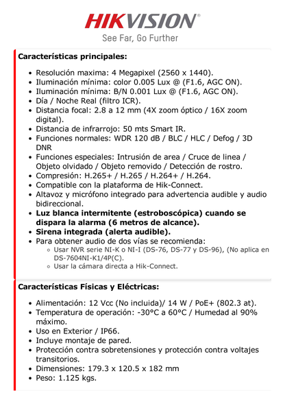 Domo PTZ IP 4 Megapixel / 4X Zoom Óptico / 50 mts IR EXIR / Luz Estroboscópica / Sirena Integrada / WDR 120 dB / PoE+ / IP66 / Ultra Baja Iluminación / Micrófono y Bocina Interconstruido / Micro SD