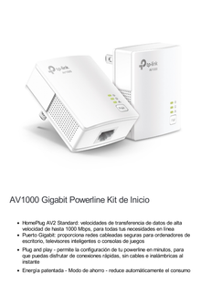 Kit Adaptador Powerline Gigabit Ethernet, tecnologia HomePlug AV2, 1000Mbps, Plug and Play, hasta 300 M dentro de casa, 1 Puerto 10/100/1000 Mbps y tamaño ultra compacto