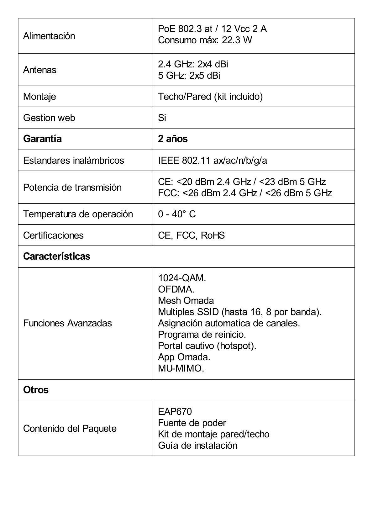 Punto de Acceso Omada / Wi-Fi 6 AX5400 MU-MIMO 4x4 /  Mesh Omada / Alta Densidad de Usuarios / Configuración por Controlador o Stand-Alone / Para Montaje en Techo/pared / Alimentación PoE+