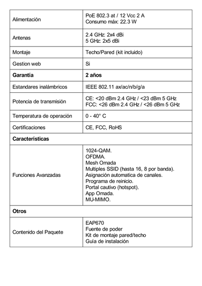 Punto de Acceso Omada / Wi-Fi 6 AX5400 MU-MIMO 4x4 /  Mesh Omada / Alta Densidad de Usuarios / Configuración por Controlador o Stand-Alone / Para Montaje en Techo/pared / Alimentación PoE+