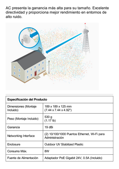 NanoBeam airMAX AC GEN2 CPE hasta 450 Mbps, 5 GHz ( 5150 - 5875 MHz) con antena integrada de 19 dBi