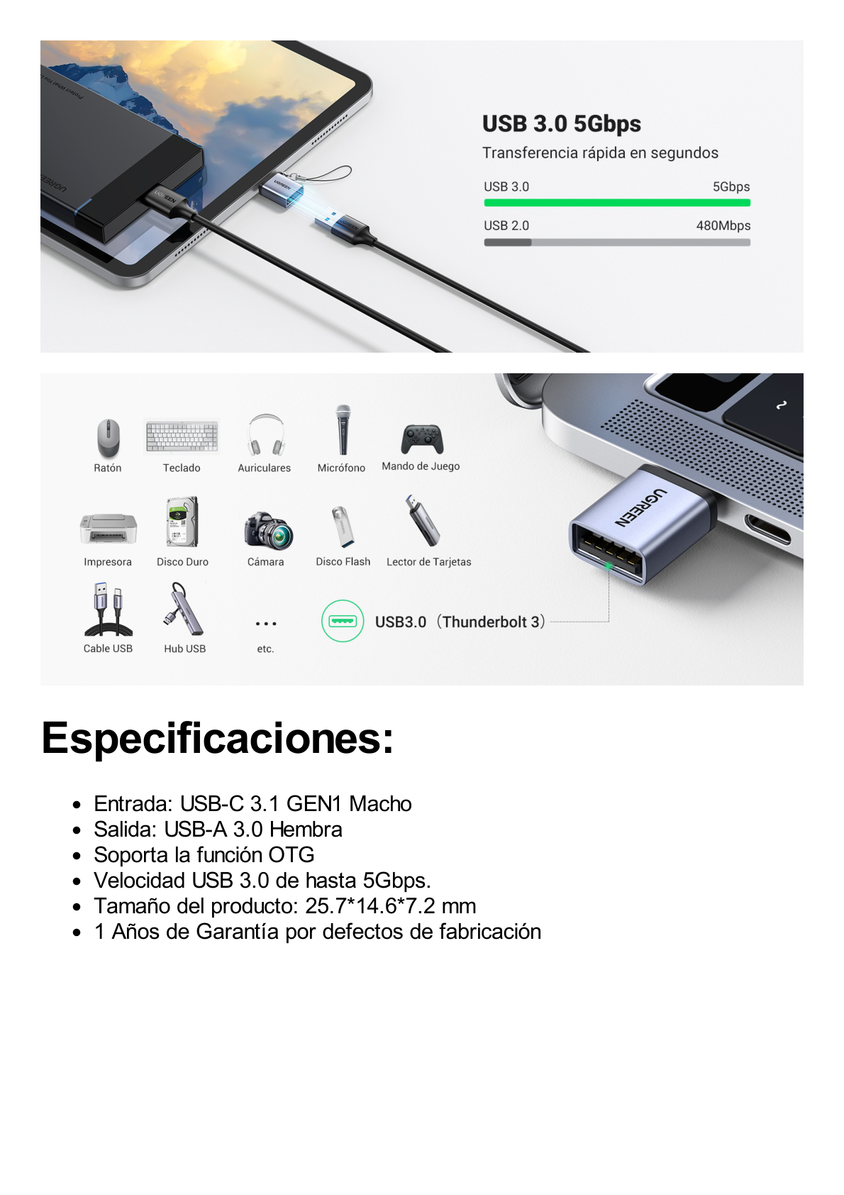 ADAPTADOR USB-C 3.1 MACHO A USB 3.0 A HEMBRA OTG